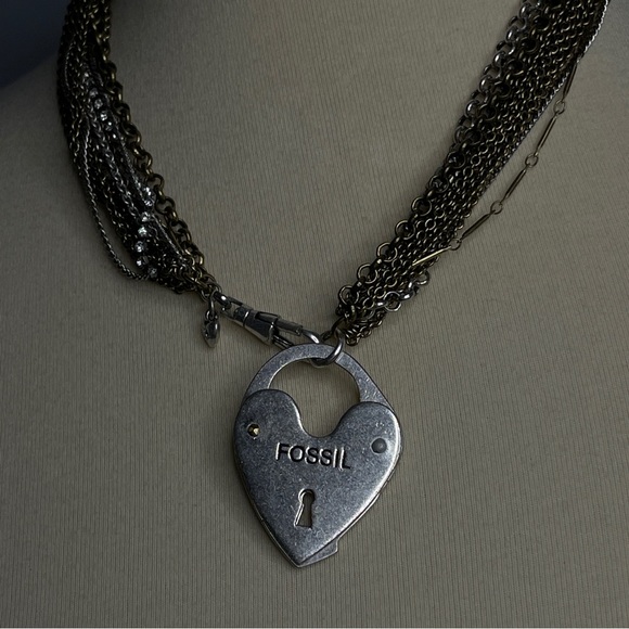 Fossil Luv Story Multi Strand Mixed Metal Crystal Locket Heart Necklace Eclectic - Picture 2 of 8